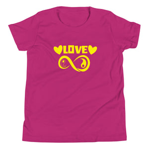 Infinite Love design on a berry youth tee, front view