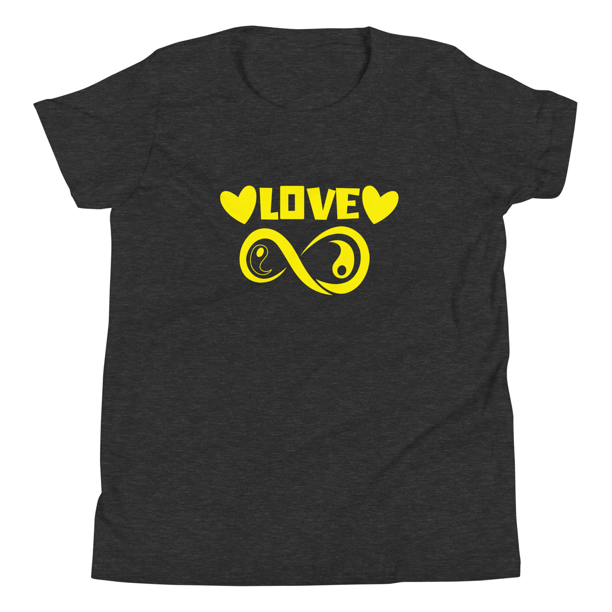 Infinite Love design on a dark grey heather youth tee, front view