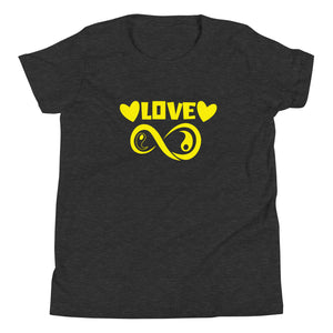 Infinite Love design on a dark grey heather youth tee, front view