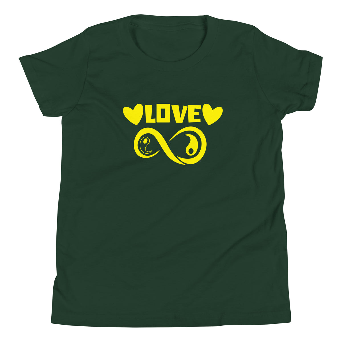 Infinite Love design on a forest youth tee, front view