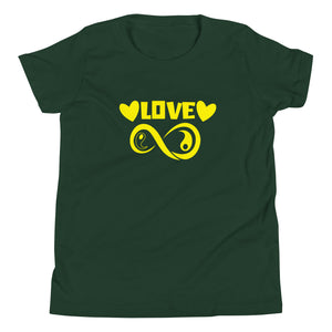 Infinite Love design on a forest youth tee, front view