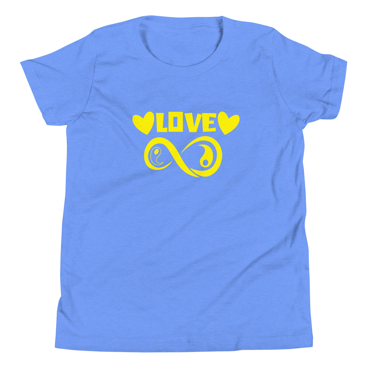 Infinite Love design on a heather columbia blue youth tee, front view