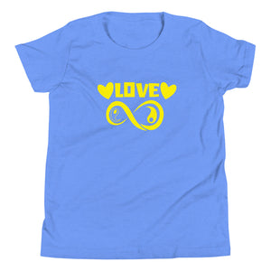 Infinite Love design on a heather columbia blue youth tee, front view