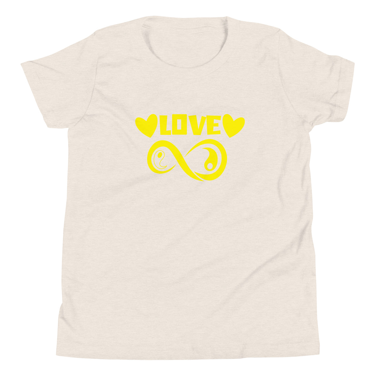 Infinite Love design on a heather dust youth tee, front view