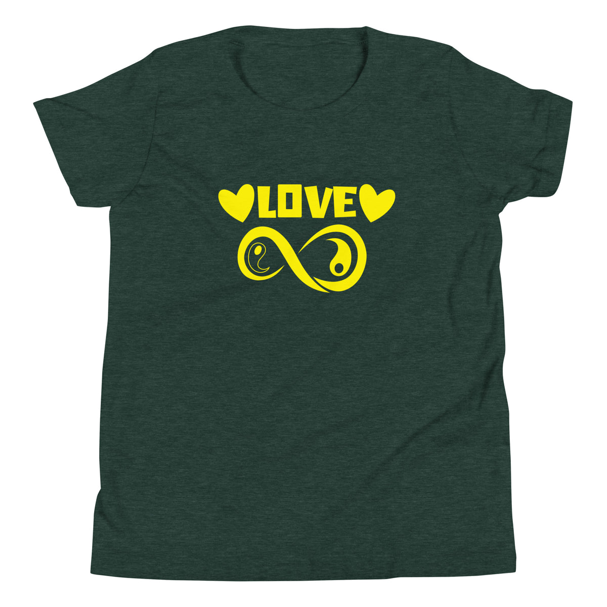 Infinite Love design on a heather forest youth tee, front view