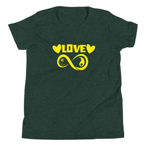 Infinite Love design on a heather forest youth tee, front view
