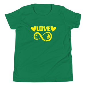 Infinite Love design on a kelly youth tee, front view