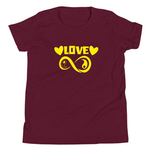 Infinite Love design on a maroon youth tee, front view