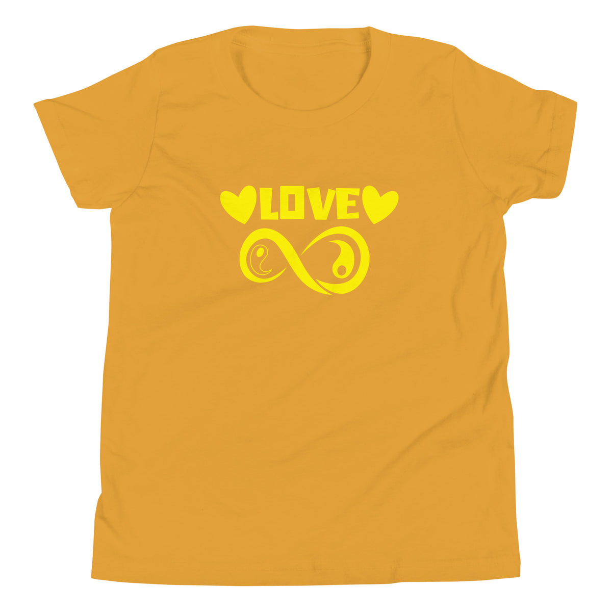 Infinite Love design on a mustard youth tee, front view