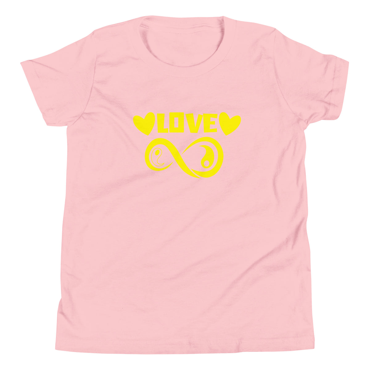 Infinite Love design on a pink youth tee, front view