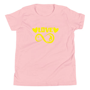 Infinite Love design on a pink youth tee, front view