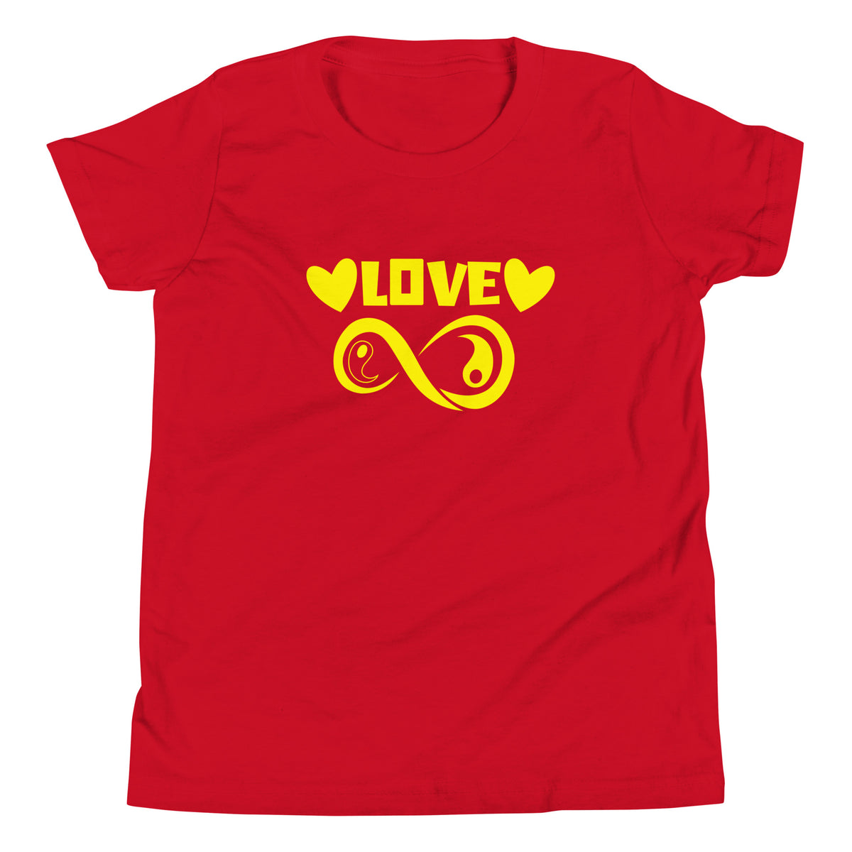 Infinite Love design on a red youth tee, front view