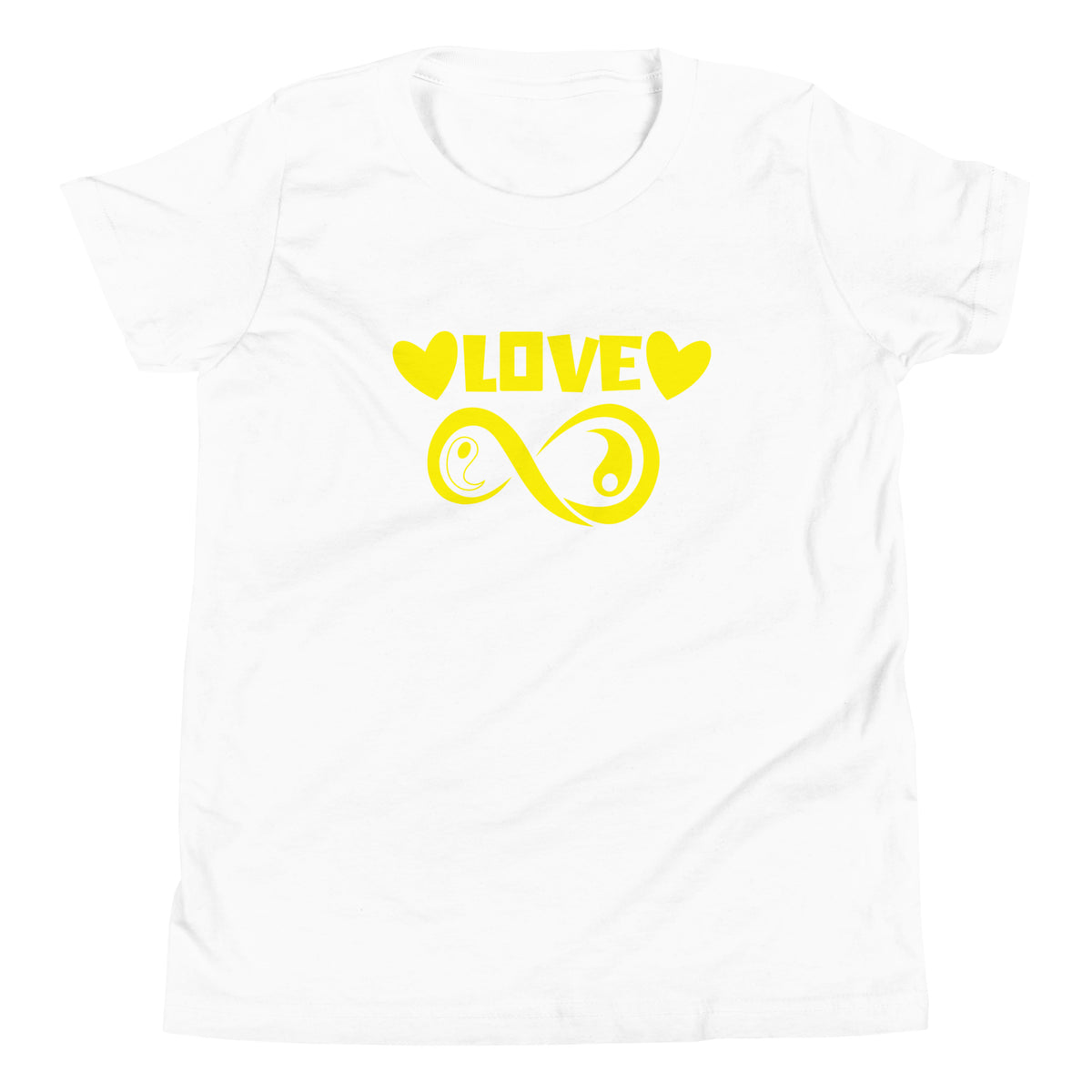Infinite Love design on a white youth tee, front view